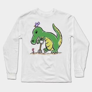 Gardening Gardener Tyrannosaurus Dinosaur Dino Cartoon Cute Character Long Sleeve T-Shirt